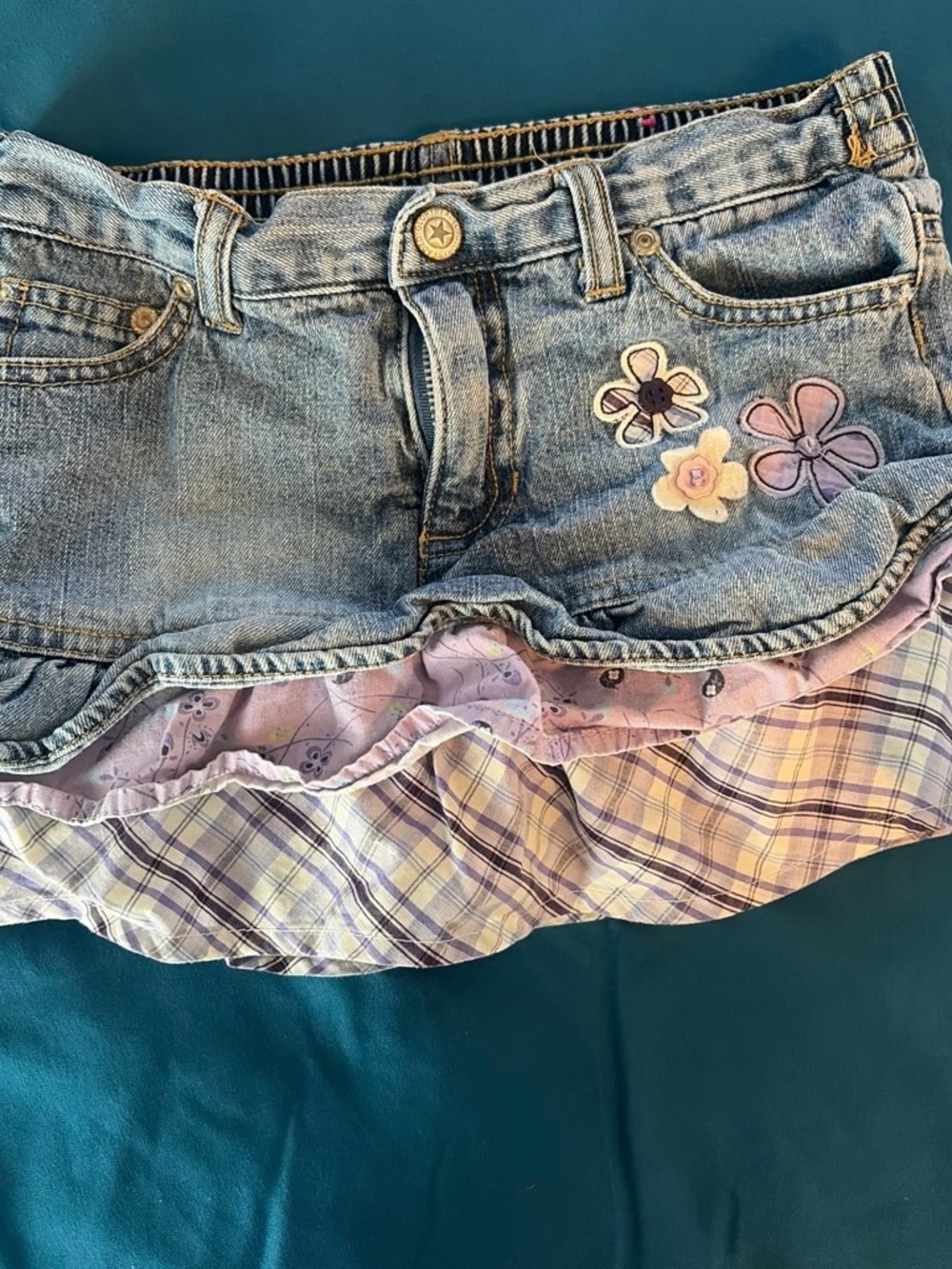 Faded Glory Girls' Light Blue Denim Skirt with Purple Plaid Ruffle